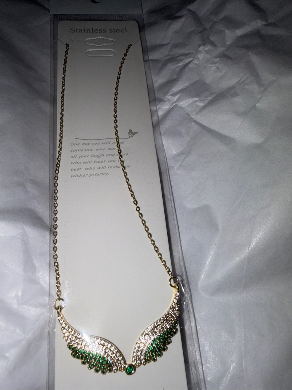 Gold-Tone Wing Necklace with Green and Clear Stones